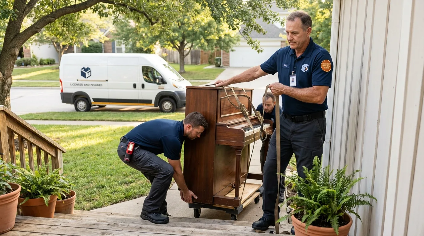 Licensed piano movers securing grand piano in Sunset Beach, NC