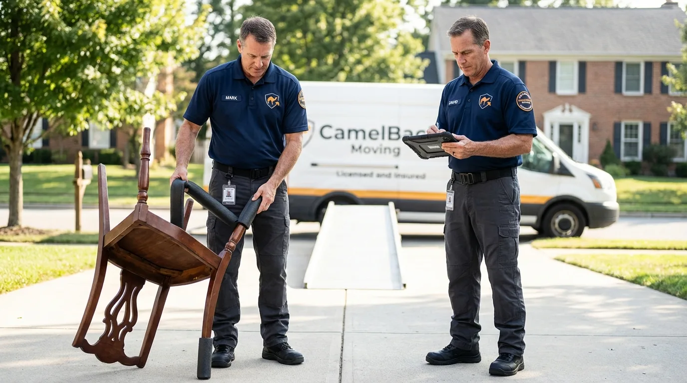 Movers inspecting furniture for damage prevention before loading in Sunset Beach, NC